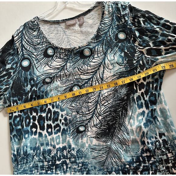 Chicos Peacock Feather Top Size 3 (Womens XL) Teal Sparkle Art to Wear Knit Tee - Picture 7 of 9